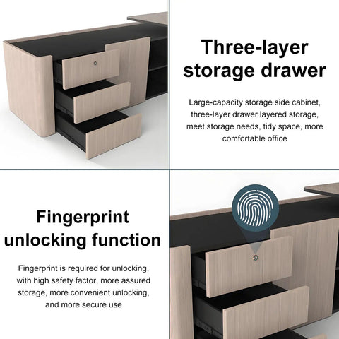 Top Tier Executive Office Desk With Sturdy Chair And Roll Away Lateral File Cabinet Silver Sandalwood Finish three-layer storage drawer detail.