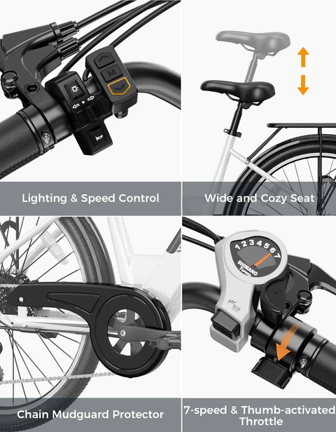 High Power 1200W Electric Bike For Adults features lighting and speed control, wide seat, chain mudguard, 7-speed throttle.