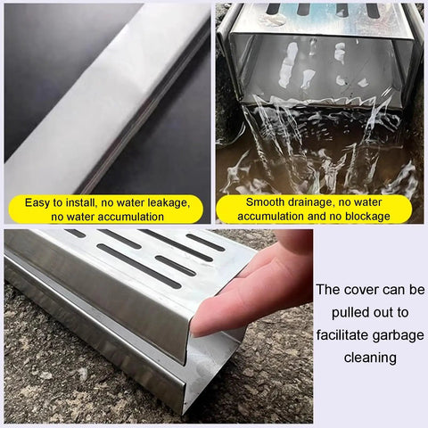 Heavy Duty Trench Drainage System Kit For Courtyard, Lawn Path, Driveway And Outdoor Pathways Stainless Steel Drain Grate Hidden Drainage Solution For Concrete Yard Sidewalk And Garage No Fuss All Weather showing installation and functioning in different views.