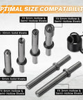 Smoothing Air Hammer Bits Set For Tire Repair And Sheet Metal Riveting 7 Piece 0.401 Inch Shank Kit showing rivet compatibility