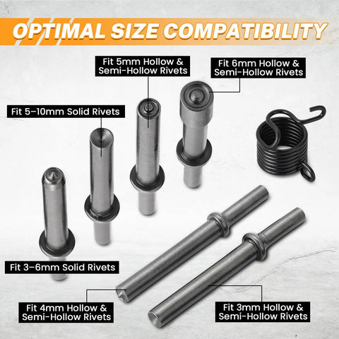 Smoothing Air Hammer Bits Set For Tire Repair And Sheet Metal Riveting 7 Piece 0.401 Inch Shank Kit showing rivet compatibility
