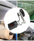 Electronic Digital Length Meter Counter With Rolling Wheel Sensor Measures Feet Inches Meters Yards used in factory setting.
