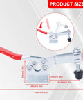 Side view of Sajosolid hold-down toggle clamp with red handle, steel body and base plate.