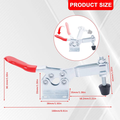 Side view of Sajosolid hold-down toggle clamp with red handle, steel body and base plate.
