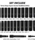 Deep 1/2 Inch Drive Impact Socket Set, Metric And SAE, 6 Point, Cr-V Steel, 12mm To 24mm, Includes 3 Inch And 5 Inch Extension Bars