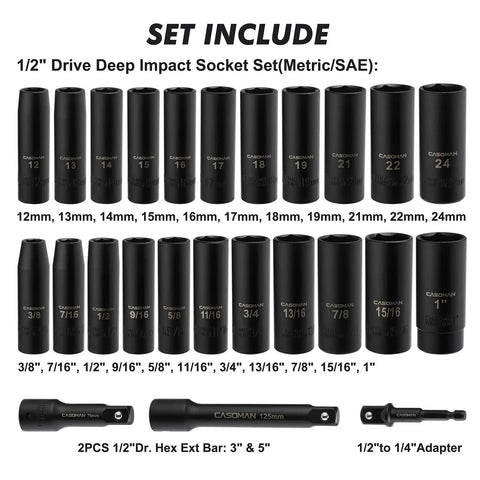 Deep 1/2 Inch Drive Impact Socket Set, Metric And SAE, 6 Point, Cr-V Steel, 12mm To 24mm, Includes 3 Inch And 5 Inch Extension Bars