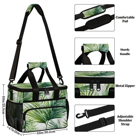 Insulated Picnic Backpack Lunch Bag For Women And Men, Large 12 By 8.7 By 10 Inch Tote with palm leaf design and shoulder strap