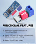 USB C Power Delivery Trigger Board Module For PD 3.0 2.0 And QC BC1.2 Testing 100W Max Output with DIP switch and terminals.