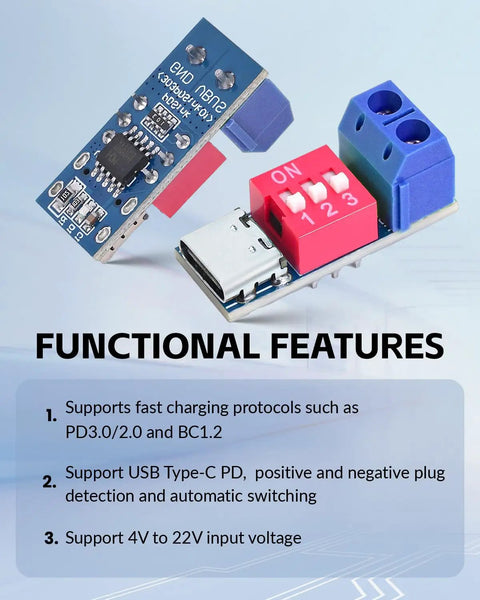 USB C Power Delivery Trigger Board Module For PD 3.0 2.0 And QC BC1.2 Testing 100W Max Output with DIP switch and terminals.