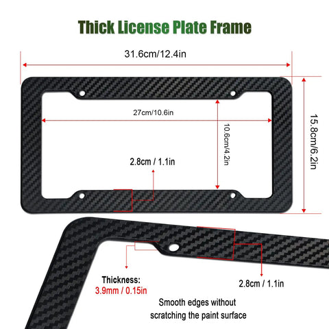 Slick Carbon Fiber Look License Plate Frame Set Black Carbon Pattern Plastic dimensions and details
