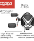 Zebco Bullet spincast fishing reel, black, all-metal frame with GripEm handles, pre-spooled 6 lb line.