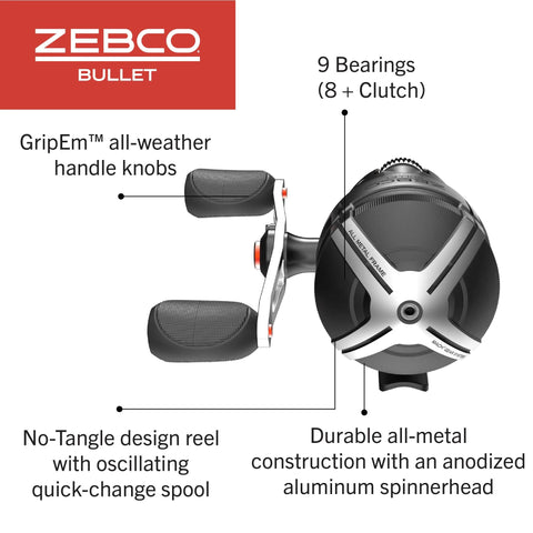 Zebco Bullet spincast fishing reel, black, all-metal frame with GripEm handles, pre-spooled 6 lb line.