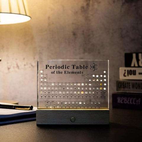Clear Acrylic Periodic Table Display With Wooden Stand Featuring 83 Real Elements Includes 6 Chemistry Formula Reference Cards