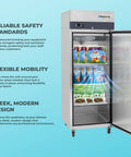 Heavy-Duty Commercial One-Door Reach-In Freezer Featuring Slick Silver Stainless Steel Build And Heavy-Gauge Adjustable Wire Bins, Legit 23-Cubic Feet Zero Frost Capacity, open door showing organized frozen items.