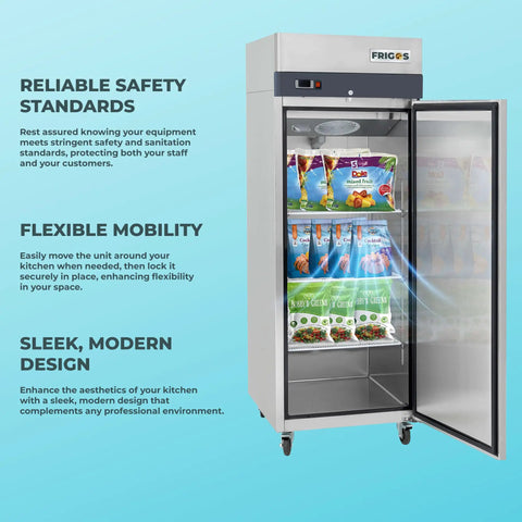 Heavy-Duty Commercial One-Door Reach-In Freezer Featuring Slick Silver Stainless Steel Build And Heavy-Gauge Adjustable Wire Bins, Legit 23-Cubic Feet Zero Frost Capacity, open door showing organized frozen items.