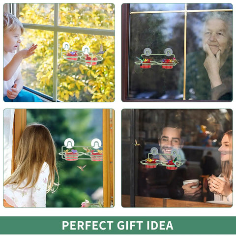 Window Hummingbird Feeder With Strong Suction Cups, Metal Base, Two 2-Ounce Reservoirs, Six Bee-Proof Feeding Ports on glass