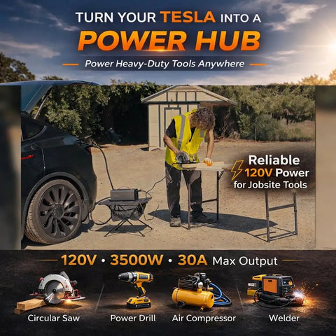 Plug And Play Tesla V2L Power Adapter Pulls A Clean 120 Volt 3500 Watts Directly From Your CCS Enabled Ride, powering tools outdoors.