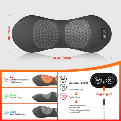 Sudahia 3in1 Electric Back Massager With Heat Vibration And Traction Lumbar Support Pillow For Bed And Chair Triple Fusion Cushion features buttons for temperature and vibration control.