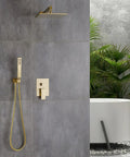 Real Deal Brushed Gold Rainfall Shower Kit With Handheld Sprayer Concealed Wall Mount Bath Fixture, sleek design with overhead and handheld options.