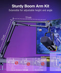 Dynamic USB and XLR Gaming Microphone for Streaming and Podcasting with Boom Arm, Mute Button, Headphone Jack, and All in One Mic Kit for PC Recording AM8T on a desk with adjustable boom arm dimensions in inches