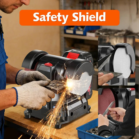 Compact Dual Power Mini Bench Grinder Workhorse for jewelry polishing in use, cordless and corded, with safety shield and accessories.