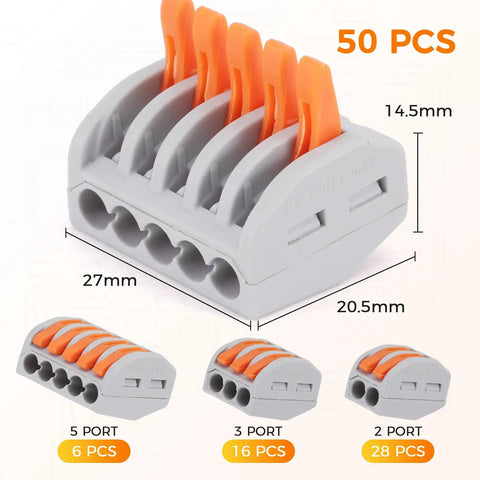 50 Pack Lever Wire Connectors For 28 To 12 AWG With Test Hole 3rd Gen Compact Push In Terminals Reusable Quick Connect Splice Connectors For Home Wiring And No Fuss DIY Projects Pro Grade Safety Vibration Resistant. Gray 5-port lever connector with orange levers, 27x20.5x14.5mm