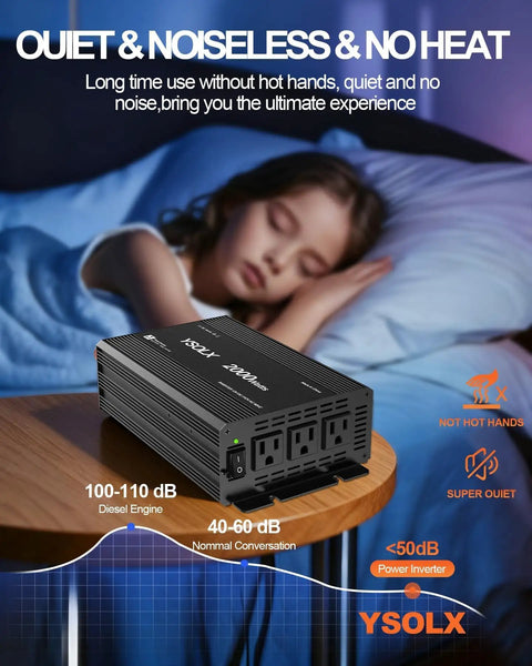 Tailgate Tested 2000W Power Inverter DC To AC Converter 12V To 110V with three AC outlets on a bedside table next to a sleeping child.