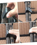 Hands attaching outdoor wicker furniture clips 10 pack sectional sofa fasteners for patio rattan chairs stay put windproof alignment clamps.