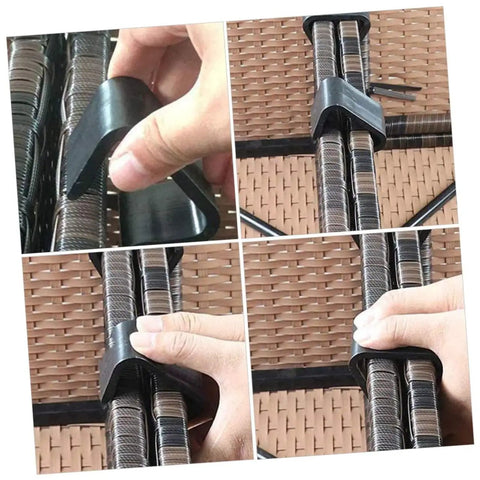 Hands attaching outdoor wicker furniture clips 10 pack sectional sofa fasteners for patio rattan chairs stay put windproof alignment clamps.