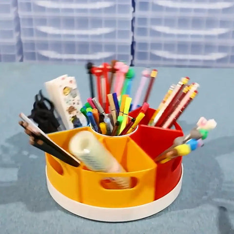 Must Have Rotating Desk Organizer With Six Compartments For Pens And Art Supplies, Large Capacity Desktop Holder, 360 Degree Spin Access For Brushes Pencils Markers And Metallic Pens, Lightweight Durable Office Desk Organizer. Six-compartment plastic desk organizer with pens and markers