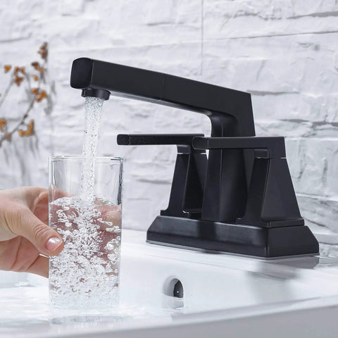 Two Handle Centerset Slick Black Bathroom Sink Faucet With Pull Out Sprayer 3 Hole 4 Inch Lavatory Mixer Tap