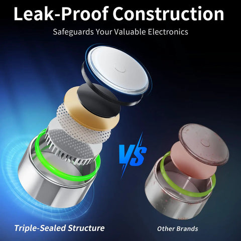 Sixty Pack LR44 Batteries Plus AG13 A76 L1154F SR44 Button Cells leak-proof construction comparison, showcasing triple-sealed design.