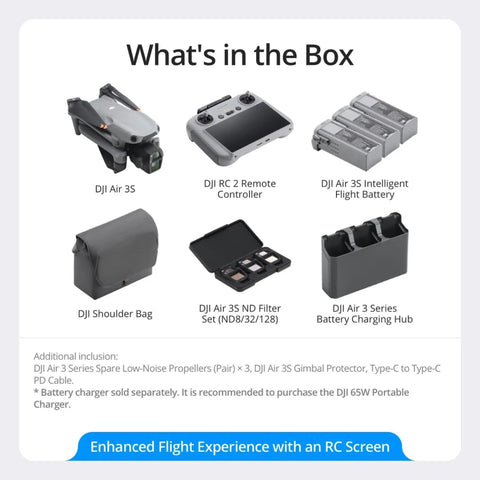 Air 3S Fly More Combo With Dual Screen Remote Controller, flight batteries, charging hub, and accessories in box setup.