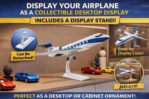 RC Plane G700 Remote Control Airplane With Display Stand on desk with toy cars, highlighting collectible display setup.