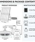 Dimensions and package contents for Badass Solar Ceiling Fan With Bright Led Light Pull String Switch Three Speed Modes IP65 Weather Proof Setup.