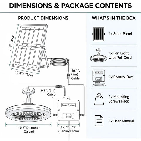 Dimensions and package contents for Badass Solar Ceiling Fan With Bright Led Light Pull String Switch Three Speed Modes IP65 Weather Proof Setup.