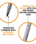 60 Count Round Stic Xtra Life Black Ballpoint Pens showing visible ink level and tungsten carbide ball for smooth writing.