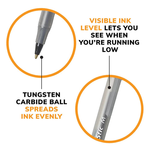 60 Count Round Stic Xtra Life Black Ballpoint Pens showing visible ink level and tungsten carbide ball for smooth writing.