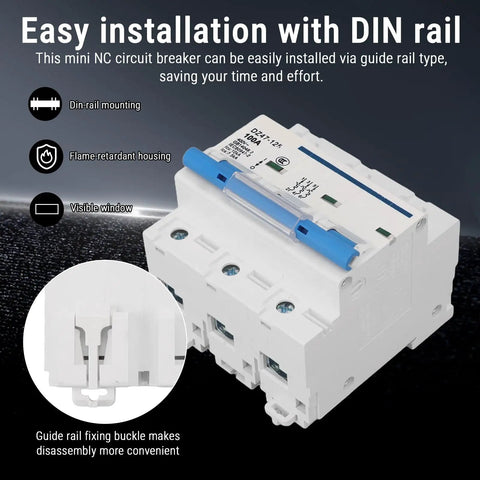 3 Pole DIN Rail Mount Circuit Breaker 100A 400V with automatic shutdown and rapid arc extinction, flame-retardant housing.