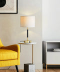 Touch Control Table Lamp Set Of 2 Gold Finish Lamps With Dual USB Ports And AC Outlet, white linen shade on side table in living room
