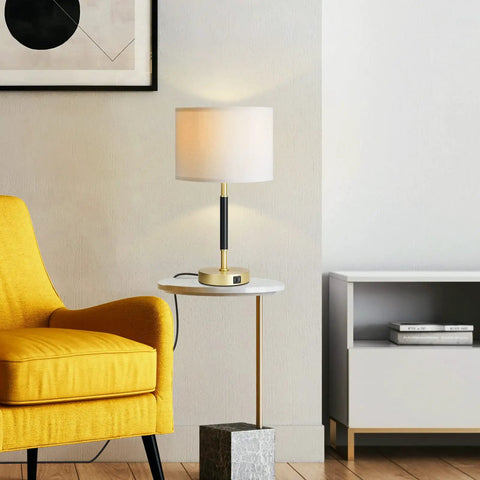 Touch Control Table Lamp Set Of 2 Gold Finish Lamps With Dual USB Ports And AC Outlet, white linen shade on side table in living room