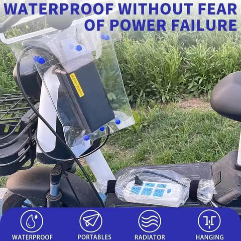 Top Shelf Waterproof Charging Cover For Electric Scooters And Ebikes clear guard over charging port, securely attached with tough snap straps.
