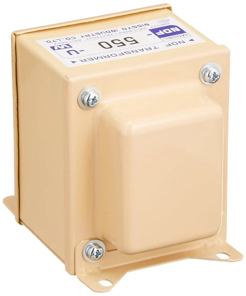 550W 120V To 100V Step Down Transformer For International Use Portable Travel Ready Compact 71 By 97 By 85 Millimeters With Internal Thermal Fuse Great For Running 100V Appliances Outside Japan And While Traveling, shown from the front.