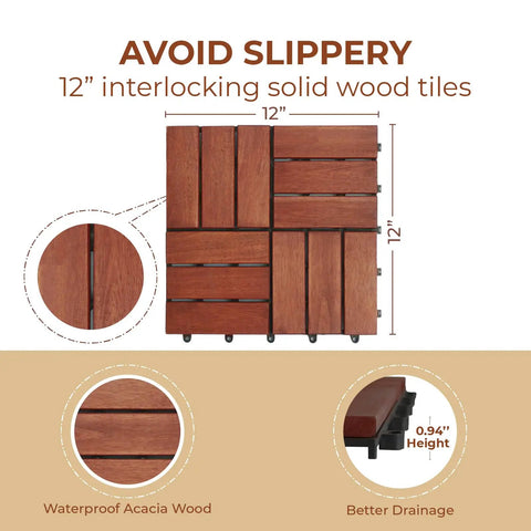 Hardwood Interlocking Patio Deck Tiles Pack Of 10 12x12 Inch Natural Wood Flooring showing dimensions and design