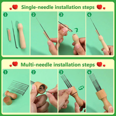 Installation steps for single and multi-needle tools from Ultimate Needle Felting Tool Kit For DIY Wool Projects With 60 Felting Needles And 68 Piece Set Including Foam Pad Wooden Handle Tool 8 Needle Heads Scissors Awl Snips And Finger Protectors Great Starter Kit