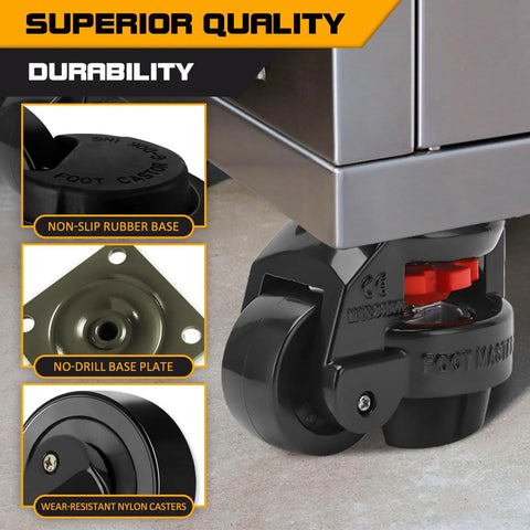 Beefy Heavy Duty Leveling Casters Set Of 4 With 110 Lb Per Wheel Capacity, 440 Lb Total Load, showing base and wear-resistant nylon casters