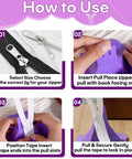 Dead Simple Three Prong Zipper Jig Tool With Self Adhesive Backing For Seamless Three And Five Pull Replacement shown in use steps.