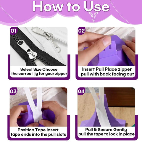 Dead Simple Three Prong Zipper Jig Tool With Self Adhesive Backing For Seamless Three And Five Pull Replacement shown in use steps.