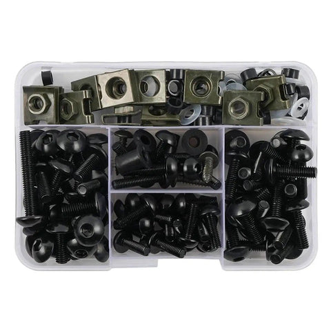 177 Piece Motorcycle Fairing Bolt Kit For YZFR6 YZFR1 YZFR3 YZFR7 With Windshield Screws Fasteners Nuts Clips Washers Replacement Black Premium Stainless Steel Construction For Long Lasting Strength Easy Install And Universal Fit For Bike Body: assorted bolts in organizer