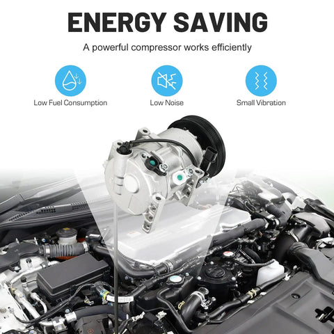 Top Tier AC Compressor With Clutch For 2012 Through 2017 Hyundai Accent Kia Rio 1.6 Liter Motor front view in engine compartment.
